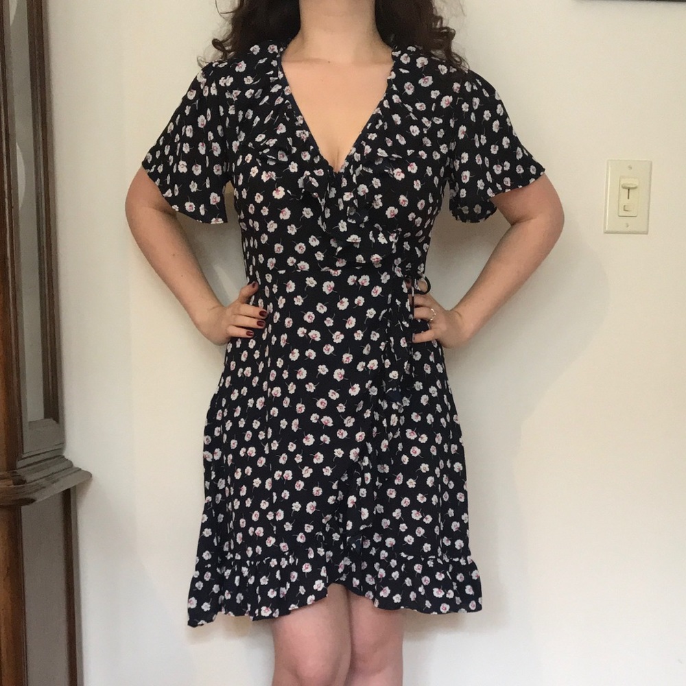 Francesca’s Blue Rain Floral Print Wrap Dress